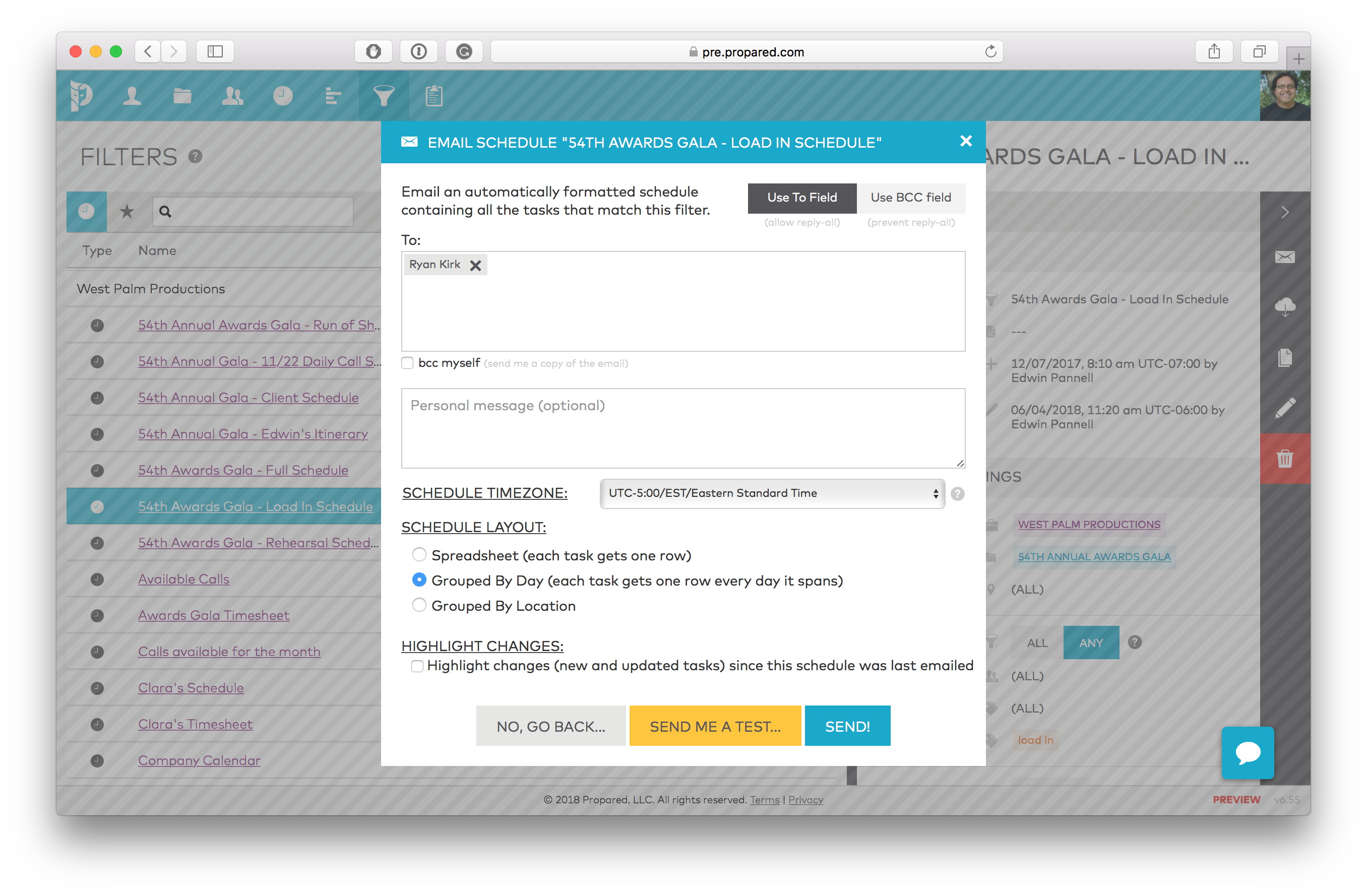 Distribute schedules and calendars via auto-updating web pages and calendar feeds. Email updated schedules with changes auto-highlighted. Propared – Production Planning Software of Arts and Events Organizations